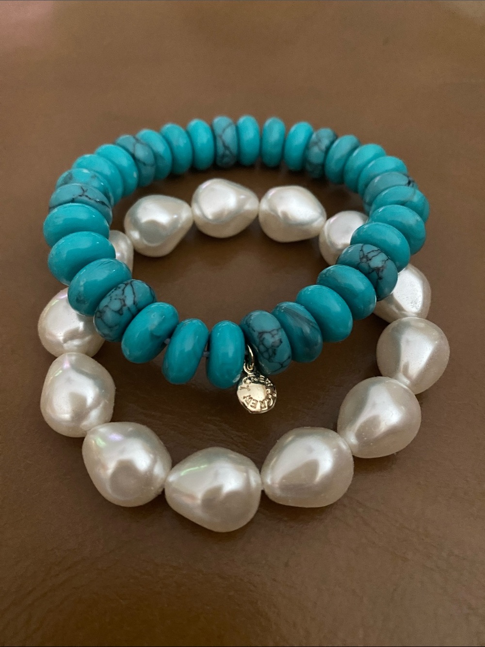 J Crew Bracelet Stack Chunky Pearl and Turquoise Bead on Stretch Elastic NWOT